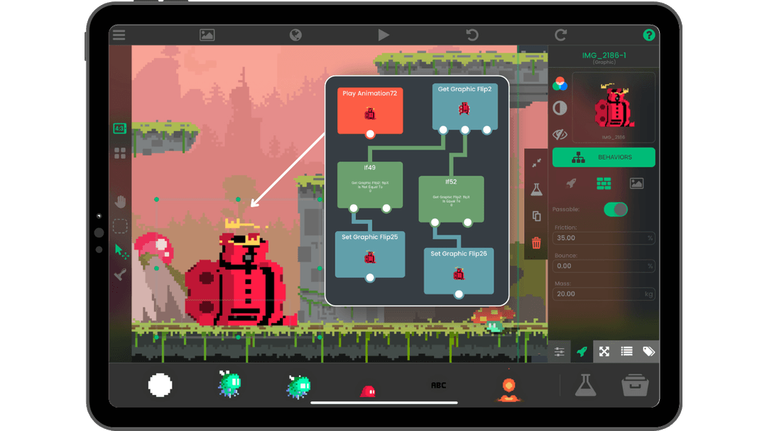 hyperPad scene editor with visual Behaviors controlling a game character